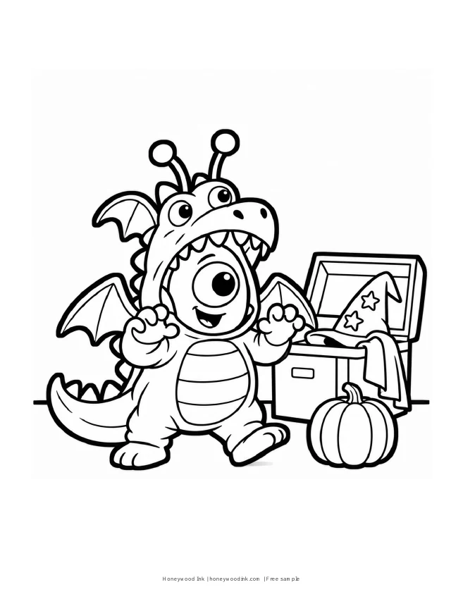 Pip dressed in a friendly dragon costume, ready to color.