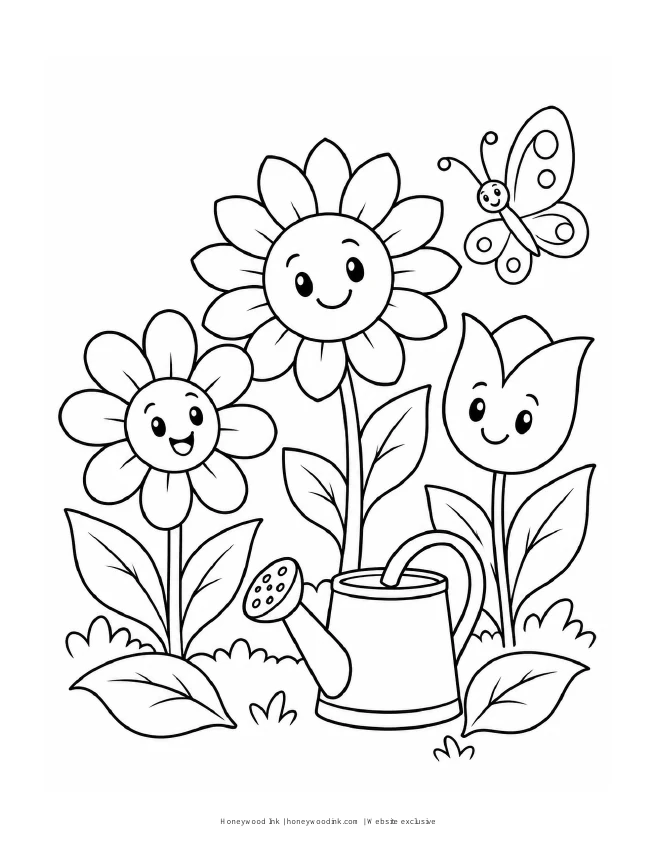 Three cheerful flowers, a butterfly, and a watering can in a simple garden coloring scene.
