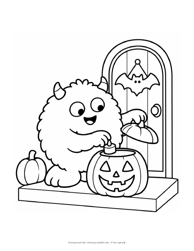 Momo, a friendly little monster, with a glowing jack-o’-lantern.